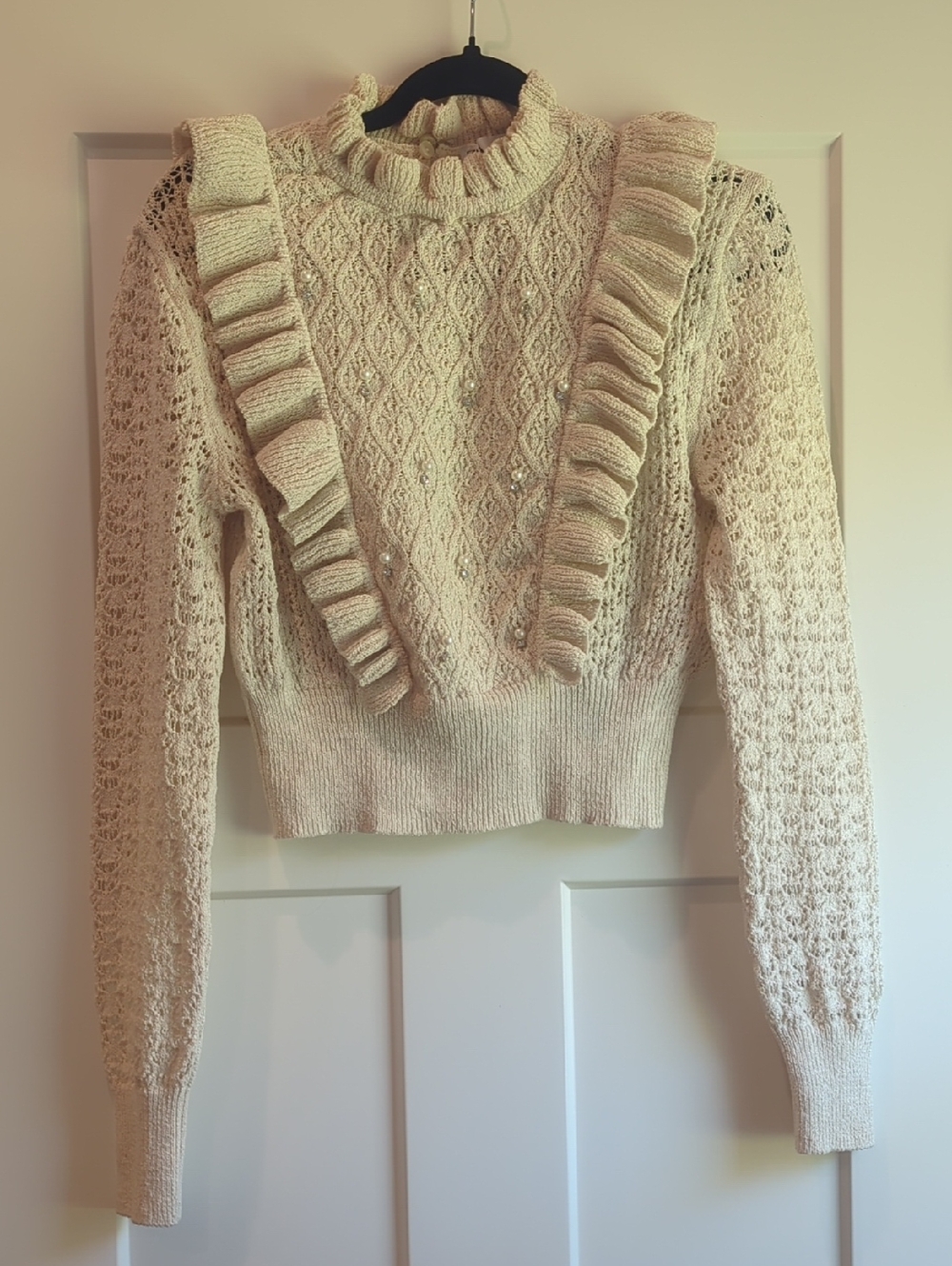 Zara Cream Ruffle Cable Knit Cropped Turtleneck Sweater
